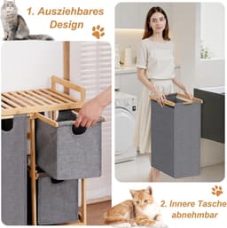 Wasmand 3 compartimenten - Kleding Sorteerder - Was Sorteren - Met Plank Wielen - 3 x 50 Liter - Grijs — thumbnail 5