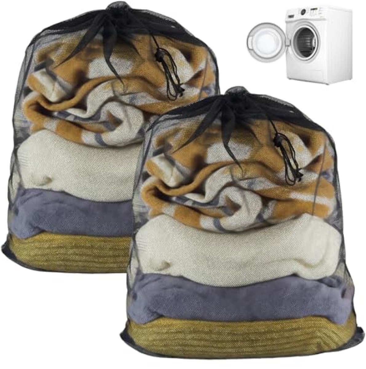 2 stuks wasnet groot 70 x 90 cm - zwarte waszakken met trekkoord voor wasmachine - beschermend wasnet voor beddengoed, pluche dieren en kleding - machinewasbaar - laundry bag — afbeelding 1