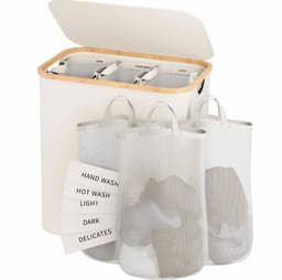 Wasmand 160L met Deksel & 3 Vakken – Slimme Was Sorteerder met Uitneembare Waszakken – Smalle Wasmand met Bamboe Frame – Wasbox voor Badkamer & Wasruimte — thumbnail 1