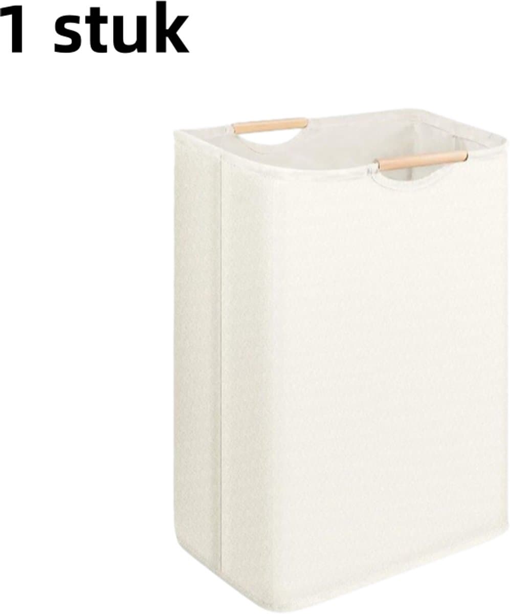 1 stuk - Wasmand - Katoen en linnen - Wasmand voor huishoudelijk gebruik - Handig - Opvouwbaar - Handzame opbergmand - Houten handvat - 40*30*60 cm - Gebroken wit — afbeelding 1