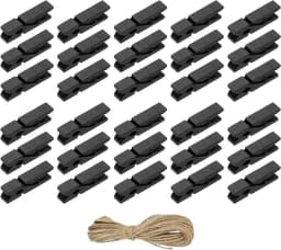 Houten knijpers - Kleurrijke clips - Foto's ophangen - Met jute koord - 50 stuks - Zwart — thumbnail 1