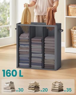 Wasmand 3 Vakken – 160L – Met Deksel – Uitneembare Binnenzak – Opvouwbaar – Oxford Stof – 64 × 33 × 75 cm – Donkergrijs — thumbnail 4