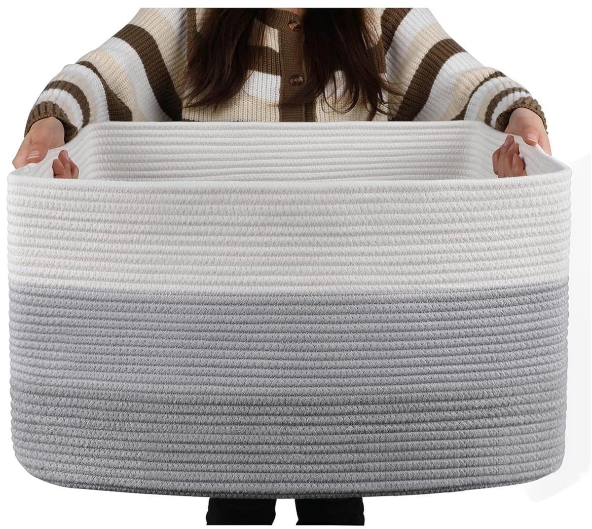 Dekentjesmand, rechthoekige geweven manden voor opslag, 65 liter - wasmand voor decoratieve kinderkamer, speelgoed, vuile kleding en tijdschriften in kasten, babykamer en woonkamer - Grijs — afbeelding 1
