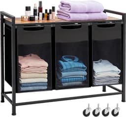 Drievoudige Wasmand 114L – 3 Wasmanden Naast Elkaar Met Metalen Frame en Opbergplank 93×33×72 cm – Wasgoed Organizer — thumbnail 1
