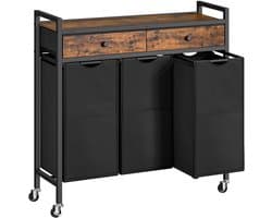 Allecto - Wasmand op wielen - Was sorteren - 3 Compartimenten - Rustiek bruin en zwart - Uittrekbare waszakken - Geschikt voor thuis - 84 x 30 x 96 cm