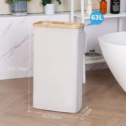 Smalle Wasmand 63L, Smalle Wasmand met Deksel, Lichtgrijze Linnenmand Opvouwbaar met Bamboe Handgrepen en Verwijderbare Zak voor Slaapkamer, Badkamer, Wasruimte — thumbnail 2