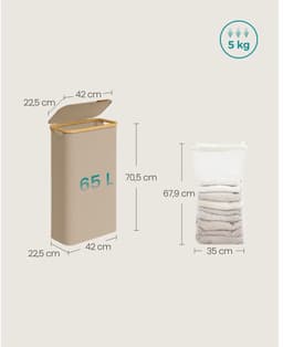 Emvae Wasmand - Smalle Wasbox met Deksel en Uitneembare Waszak - Compact - 65L - Oxford Stof/Bamboe - Beige — thumbnail 2