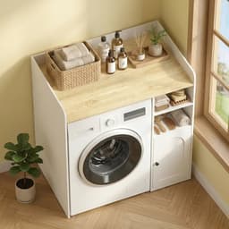 Wasmachine ombouw - Kast - Opbouwmeubel - Verhoger - Wasmachine meubel - Opbergkast - MDF - 93,5 B x 60 D x 100 H cm - Wit + Natuurlijk hout — thumbnail 5