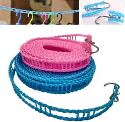 Set van 2 nylon waslijnen, winddichte waslijnen, reiswaslijnen, draagbare waslijnen, geschikt voor binnen- en buitengebruik tijdens kamperen, thuis en in hotels (2 stuks, blauw 5m + roze 3m). — thumbnail 1
