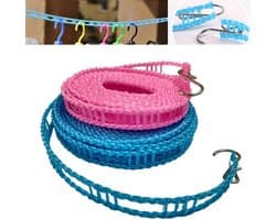 Set van 2 nylon waslijnen, winddichte waslijnen, reiswaslijnen, draagbare waslijnen, geschikt voor binnen- en buitengebruik tijdens kamperen, thuis en in hotels (2 stuks, blauw 5m + roze 3m).