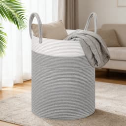 Lemlit Wasmand - Gevlochten Opbergmand met Handvatten 58 L - Speelgoedmand voor Kinderkamer Slaapkamer en Woonkamer - 38 x 50 cm - Wit Grijs — thumbnail 3