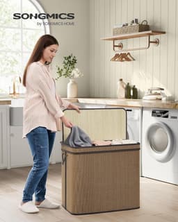 SONGMICS 3-delige wasmand met deksel, (170 L) Grote wasmand met 3 verwijderbare machinewasbare stoffen zakken, bamboe wasmand, handgrepen, voor badkamer, bruin LCB069K01 — thumbnail 5