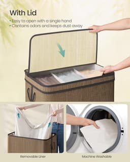 SONGMICS 3-delige wasmand met deksel, (170 L) Grote wasmand met 3 verwijderbare machinewasbare stoffen zakken, bamboe wasmand, handgrepen, voor badkamer, bruin LCB069K01 — thumbnail 4