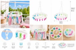 Hangende Waslijn met 18 Wasknijpers – Droogcarrousel voor Sokken, Ondergoed en Babykleding – Wit – Ø 33 cm – Ruimtebesparend Droogrek — thumbnail 2
