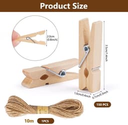 Dailygoods- Wasknijpers 150 Stuks - Kleine Houten Knijpers 3.5cm - Draagbare Knijpers voor Kleding/Foto's - Jute Touw 10m - Perfect voor Decoratie — thumbnail 5