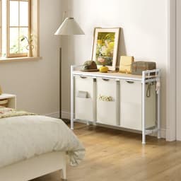 VIEMAE Wasmand - Wasmand 3 vakken - Wasmand met deksel & handgrepen - Wassorteerder - Wasmanden - 96x30x71 cm - 93L - Creme, wit — thumbnail 4