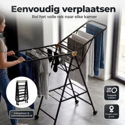 Eluxara Wasrek Deluxe – Inc. Kleine Droogmolen – Droogrek Met Wielen- 25 Meter Drooglengte - Groot Inklapbaar - 3-Laags – Kleding Wasdroogrek – Stevig RVS Frame – Modern Design – 160×47×95 cm - Zwart — thumbnail 3