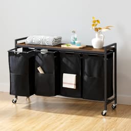 Deniva - Wasmand - Wassorteerder - 4 Vakken - Wasmandkast - 4 x 40L - Uitschuifbare waszakken - Op Wielen - 110,5x33x74,5cm - Hout — thumbnail 3