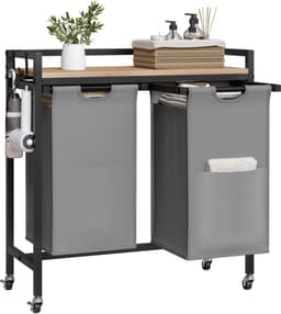 J&R Wasmand kastje - Wasmand met 2 vakken - Wassorteerder - Wasmand tafel - Waszak - Badkamerkast - Wasmand meubel - Wasmand rek - Light oak - Zwart metaal — thumbnail 5