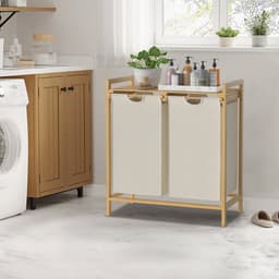 Wasmand van bamboeframe, 2 vakken, 36 l, 73 x 64 x 33,5 cm, wasverzamelaar met plank, waszak van Oxford-weefsel, wassorteerder, hout, waszakken voor bijkeuken, slaapkamer, beige — thumbnail 3