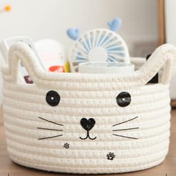 Geweven Kat-opbergmand met Oren - Decoratieve Organizer voor Speelgoed en Accessoires - Katoenen Touw - Ideale Cadeau voor Huisdieren en Kinderen - Compacte Maat 21 x 12 cm — thumbnail 1