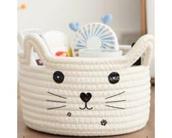 Geweven Kat-opbergmand met Oren - Decoratieve Organizer voor Speelgoed en Accessoires - Katoenen Touw - Ideale Cadeau voor Huisdieren en Kinderen - Compacte Maat 21 x 12 cm