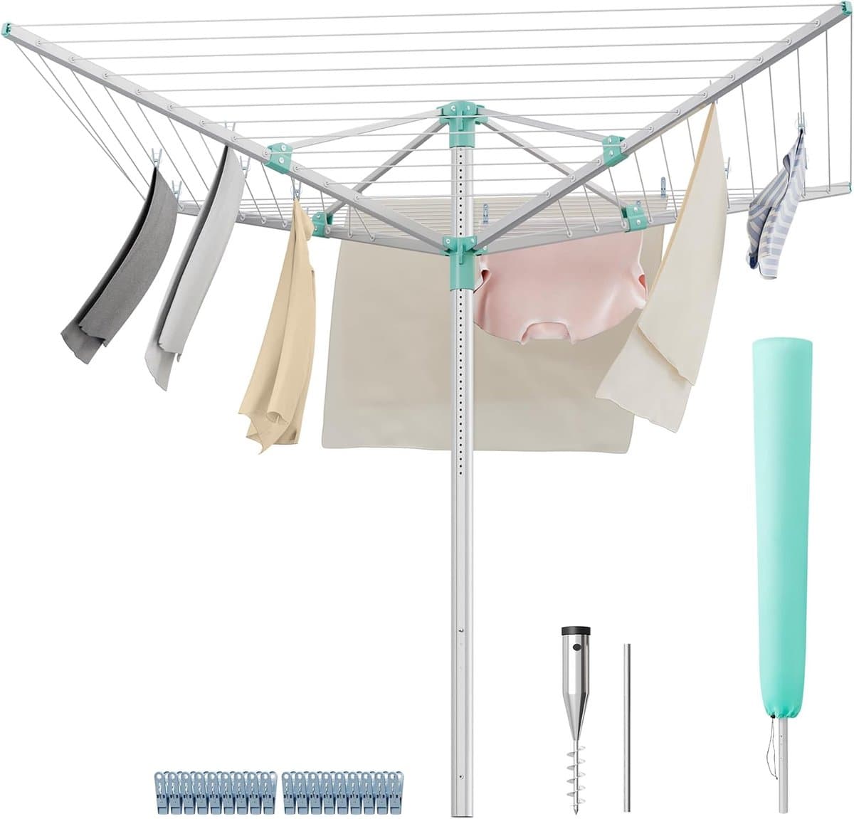 Furnstar Droogrek in hoogte verstelbaar 50 m waslijn voor 5 wasmachineladingen outdoor tuin met bodemhuls wasknijpers zilver-groen LLR301E01 — afbeelding 1
