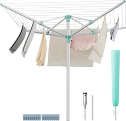Furnstar Droogrek in hoogte verstelbaar 50 m waslijn voor 5 wasmachineladingen outdoor tuin met bodemhuls wasknijpers zilver-groen LLR301E01 — thumbnail 1