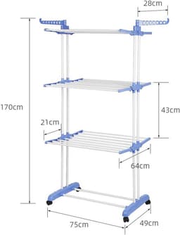 Groot Opvouwbaar Droogrek met Wielen en Roestvrij Staal voor Binnen en Buiten - 3 Etages, 75 x 64 x 170 cm — thumbnail 5