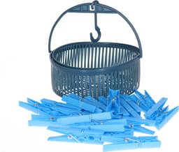 24x gekleurde wasknijpers in hangmandje - blauw - kunststof - 17 x 19 x 11.5 cm - wassen - ophangen — thumbnail 1