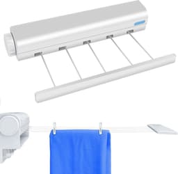 Wandwaslijnen - Roldrooglijn - 5 Waslijnen Tot 3.75 M Traploos Uittrekbaar - Praktisch Rolsysteem-Voor Wandmontage Incl-Bevestigingsmateriaal - Wit — thumbnail 1