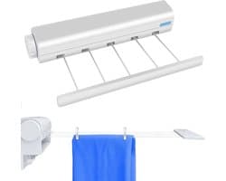 Wandwaslijnen - Roldrooglijn - 5 Waslijnen Tot 3.75 M Traploos Uittrekbaar - Praktisch Rolsysteem-Voor Wandmontage Incl-Bevestigingsmateriaal - Wit — afbeelding 1