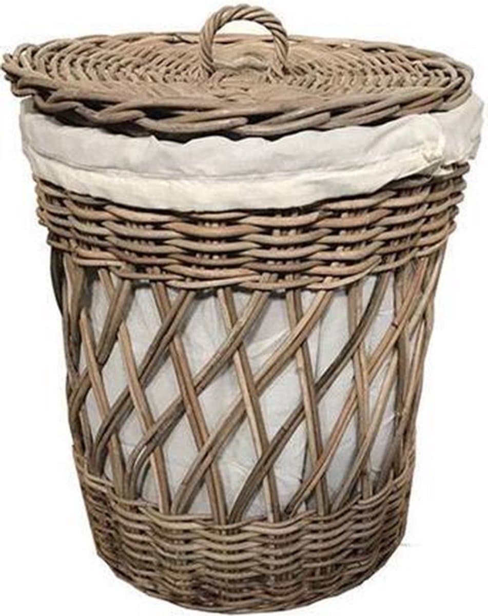 Wasmand Riet met Linnen Binnenhoes - Ø40 x H50 cm - Naturel & Wit - Landelijke Stijl - Decoshoppen.nl - Rieten wasmand maat M — afbeelding 1