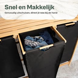 WHOUSE Wasmand 3 vakken - Deksel - Wassorteerder Bamboe 126L - Wasmanden - Zwart — thumbnail 5