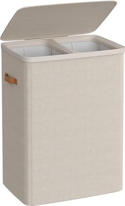 Wasmand 170 Liter met Deksel - 2 Vakken Wassorteerder - Grote Wasbox van Stof - 56x40x75 cm - Opvouwbare Waszak - Beige / Crème — thumbnail 1