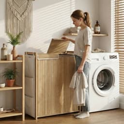 REDOM - Bamboe wasmand - 120 L inhoud - Scharnierend deksel en twee uitneembare trekkoordzakken - Vier zijvakken - Natuurlijk hout - 63 x 33 x 78 cm — thumbnail 4