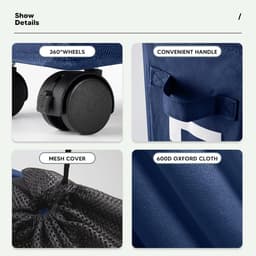 Wasmand 43L Opvouwbare Dunne Wasverzamelaar Met Wieltjes - Oxford Vuile Kleren Opbergmand - Smal, Inklapbaar Met Handvat, Wielen, Netdekking en Trekkoord (Donkerblauw) — thumbnail 2