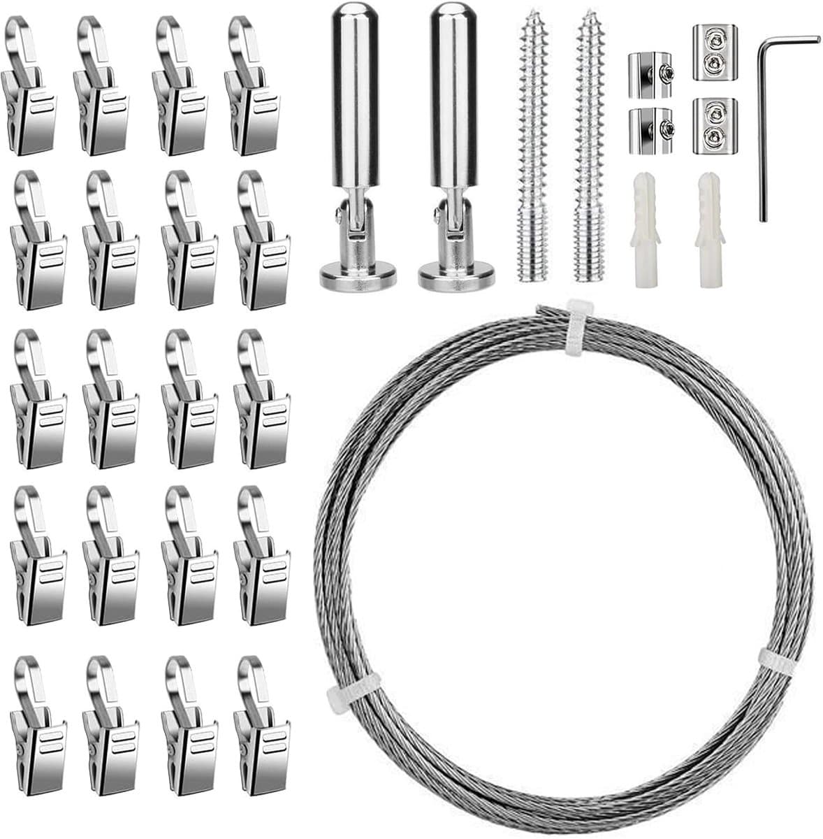 5 m wandset met 20 metalen clips, roestvrij stalen gordijndraad, gordijndraad, kabelspanset, zware belasting, gordijntouw voor waslijn, spandraad, fotodraad, raam, douchegordijnen, interieurdecoratie — afbeelding 1