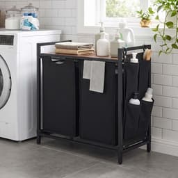 Wasmand Wasgoedmand 71,3 x 33 x 72 cm Zwart 2 vakken van 46 L Met uittrekbare en afneembare binnenzakken, zijvak en roosterplank Stevig metalen frame Gemakkelijk te monteren en reinigen Geschikt voor wasruimte, badkamer en slaapkamer — thumbnail 5