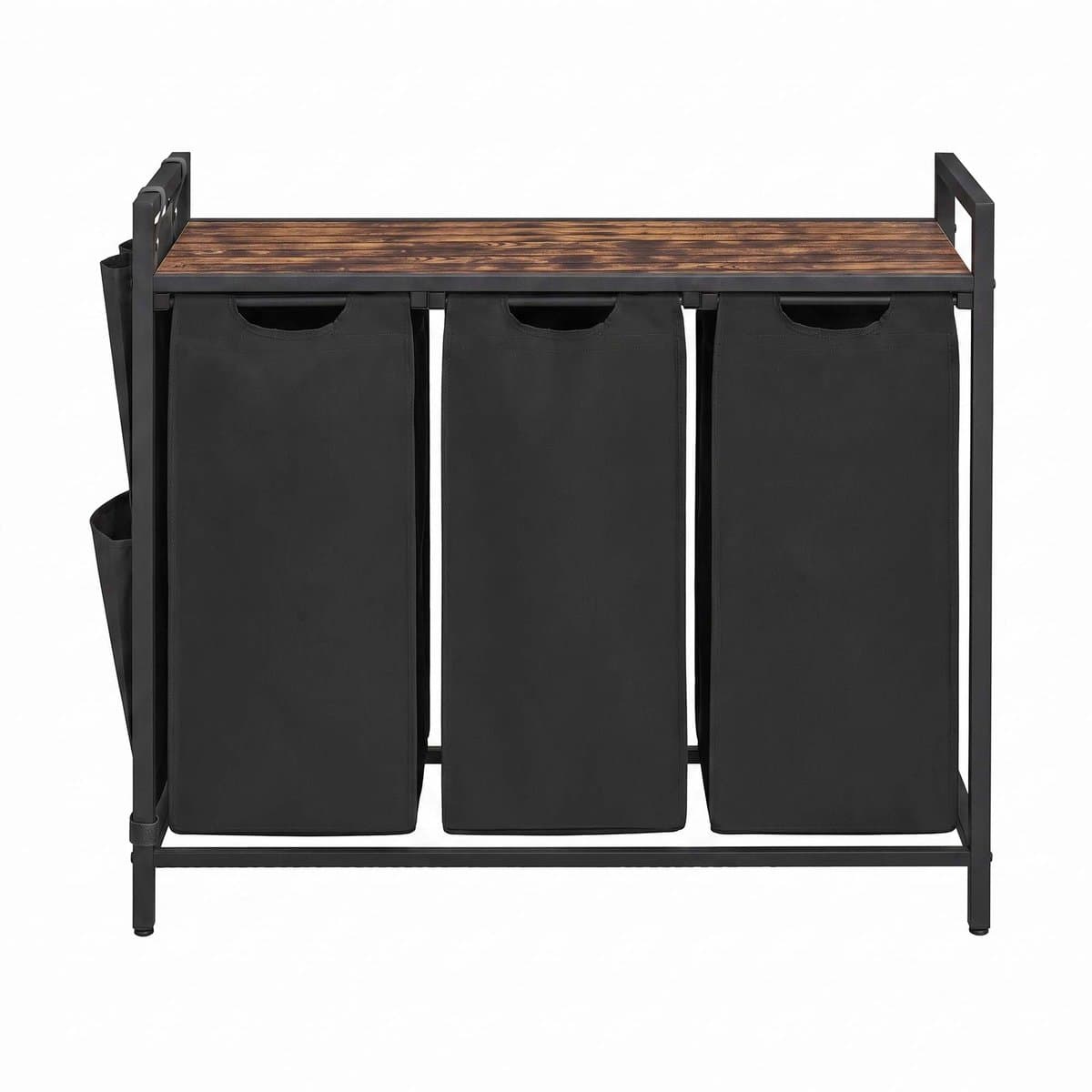 Wasmand Kledingverdeler 87,7 x 33 x 72 cm Zwart 3 vakken van 40 L Met uittrekbare en afneembare voeringzak, zijvak en roosterplank Stevig metalen frame Geschikt voor wasruimte, badkamer en slaapkamer — afbeelding 1