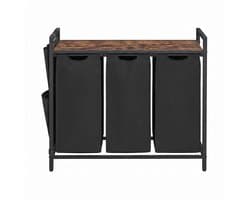 Wasmand Kledingverdeler 87,7 x 33 x 72 cm Zwart 3 vakken van 40 L Met uittrekbare en afneembare voeringzak, zijvak en roosterplank Stevig metalen frame Geschikt voor wasruimte, badkamer en slaapkamer