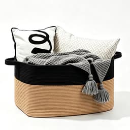 Gevlochten, 50 l, opbergmand met handgrepen, wasverzamelaar, handgemaakt, mand opslag voor dekens, speelgoed, knuffeldieren, kleding, 46 x 36 x 30 cm, zwart + kaki — thumbnail 1