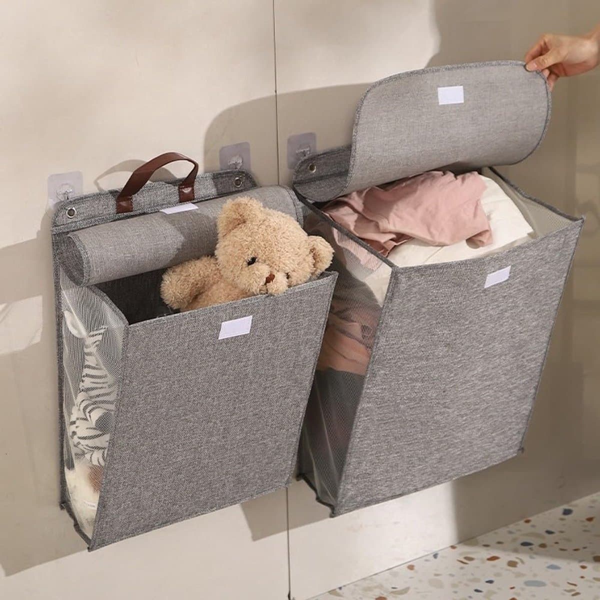 2 stuks opvouwbare hangende wasmand met deksel grote capaciteit ademend katoen linnen wandmontage organizer voor badkamer slaapkamer grijs — afbeelding 1
