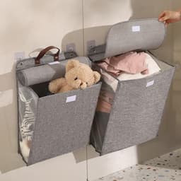 2 stuks opvouwbare hangende wasmand met deksel grote capaciteit ademend katoen linnen wandmontage organizer voor badkamer slaapkamer grijs — thumbnail 1