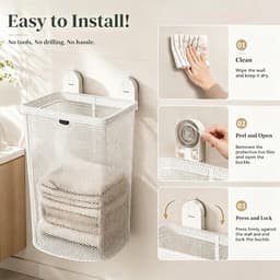 Aan de muur gemonteerde wasmand, hangende vuile wasmand met afneembare zak, gatvrije wasmand met zuignappen, ruimtebesparende washouder voor badkamer, wasruimte en kleine ruimtes — thumbnail 2