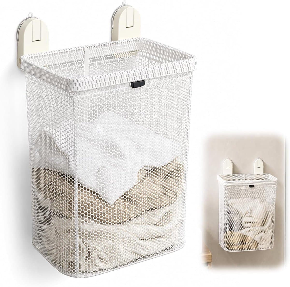 Aan de muur gemonteerde wasmand, hangende vuile wasmand met afneembare zak, gatvrije wasmand met zuignappen, ruimtebesparende washouder voor badkamer, wasruimte en kleine ruimtes — afbeelding 1