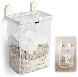 Aan de muur gemonteerde wasmand, hangende vuile wasmand met afneembare zak, gatvrije wasmand met zuignappen, ruimtebesparende washouder voor badkamer, wasruimte en kleine ruimtes — thumbnail 1
