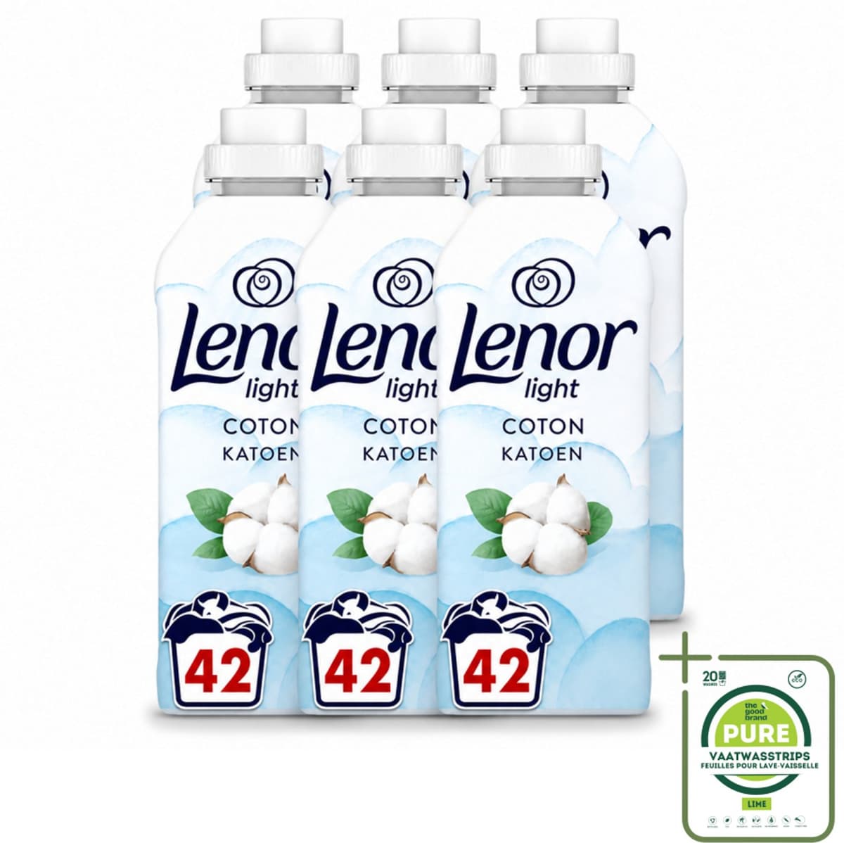 6 x Lenor Light - Wasverzachter - Katoen - Fris & Zacht - 42 Wasbeurten - Grootverpakking - Vaatwasstrips - Wasverzachter Katoen - Wasverzachter Fris - Wasverzachter Katoen Bloesem - Wasverzachter Milde Geur - Wasverzachter 0% Kleurstoffen — afbeelding 1