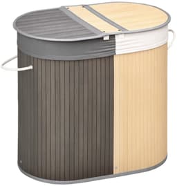 Wasmand - 100 liter - Deksel met handvat - 2 secties - Verwijderbare waszak - Voor de slaapkamer - Bamboe - Grijs en naturel — thumbnail 1
