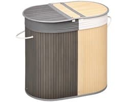 Wasmand - 100 liter - Deksel met handvat - 2 secties - Verwijderbare waszak - Voor de slaapkamer - Bamboe - Grijs en naturel